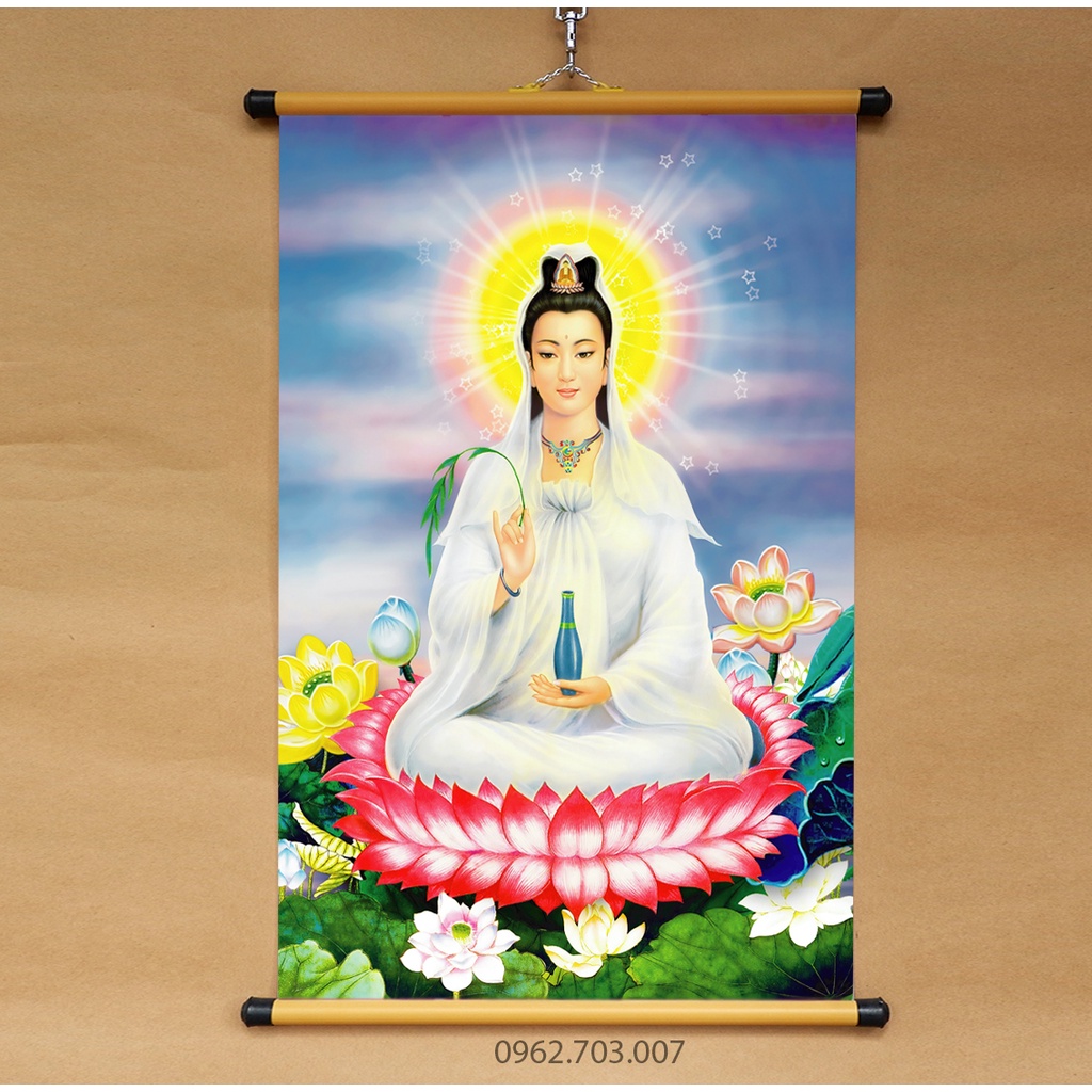 Tranh Quan Âm Bồ Tát hồ sen treo tường 40x60cm bằng vải phủ bóng cao cấp dày dặn