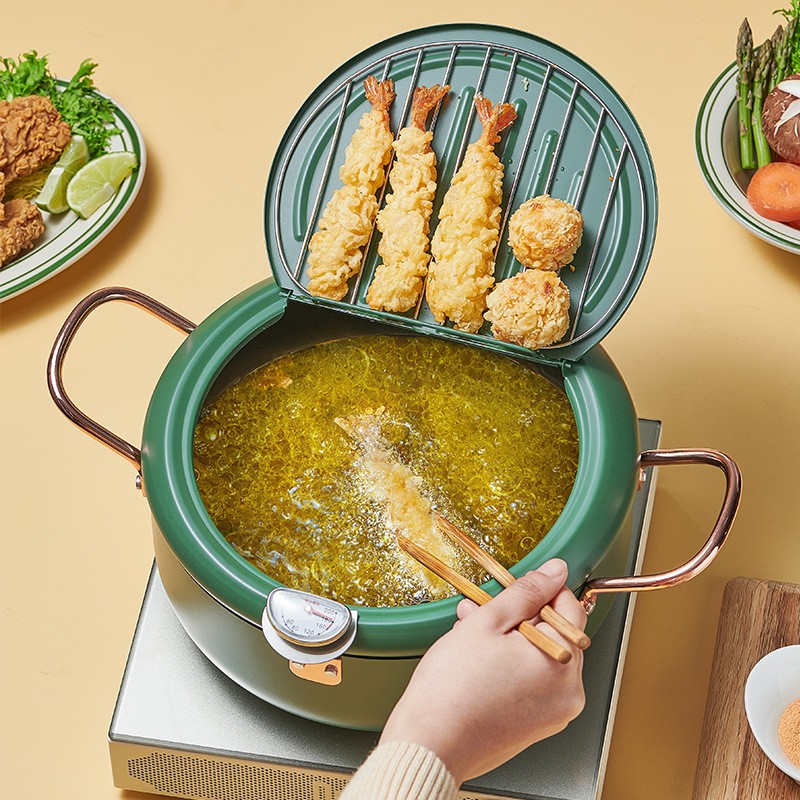 Nồi Chiên Sâu chống dính Tempura Nhật Bản, Có Nắp Đậy Nhiệt Kế, Lọc Dầu