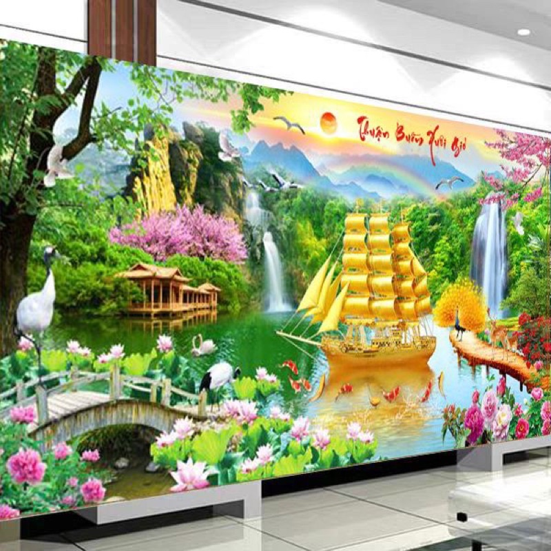 Tranh đính đá Thuận Buồm Xuôi Gió đính kín toàn bộ 100% 6067 khổ lớn kích thước 180x90cm
