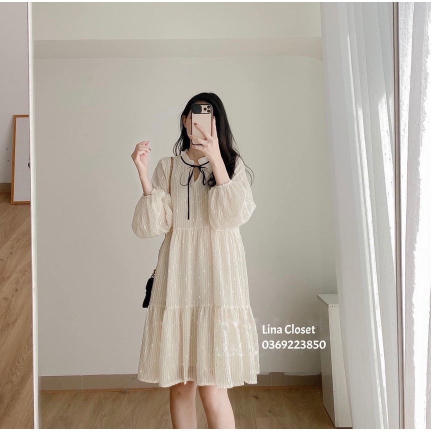 [Ảnh thật] Đầm - Váy babydoll voan chấm bi 3 tầng thắt nơ siêu xinh