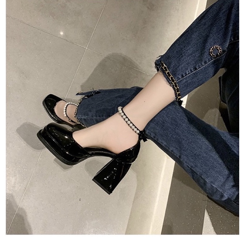 Sẵn hàng  _ Giày lolita , giày cao gót nữ đế trụ 9cm quai cài đính ngọc cao cấp
