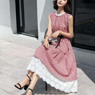 Váy maxi caro phối ren. Hàng đặt thiết kế
