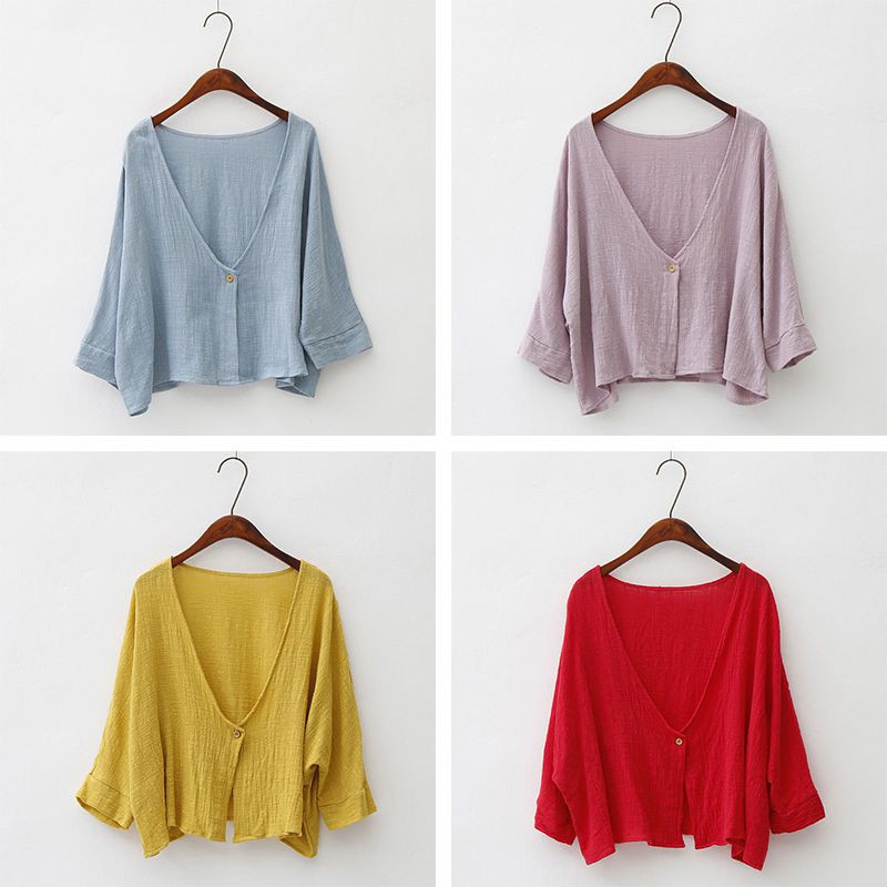 Áo khoác cardigan cotton tay lỡ cổ chữ V thanh lịch cho nữ | BigBuy360 - bigbuy360.vn