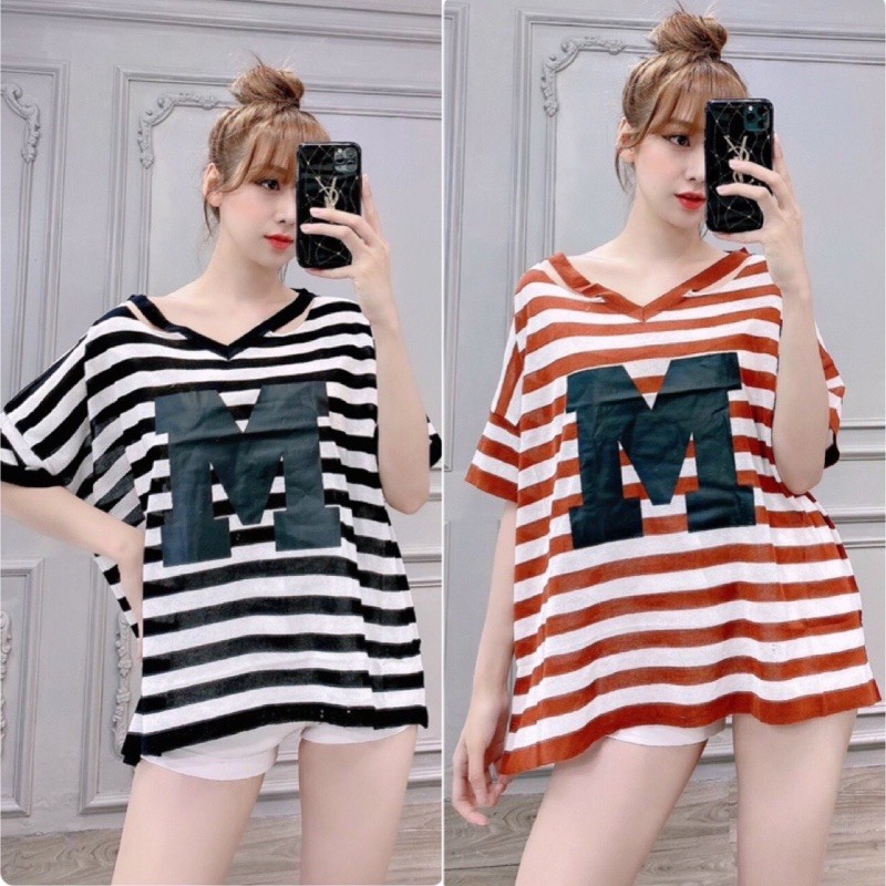 Áo len kẻ form rộng in chữ M