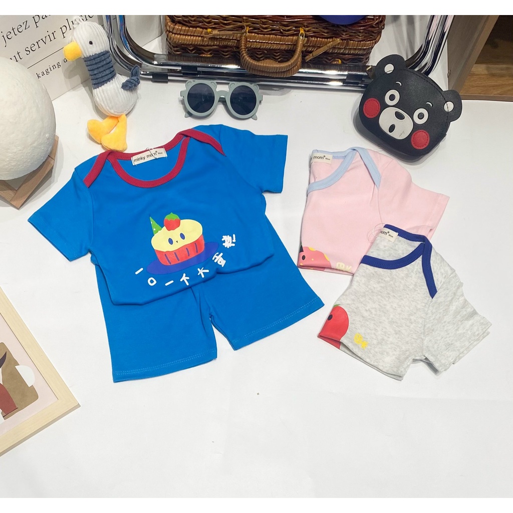 Bộ Cộc Tay COTTON HÀN MINKY MOM Chạy Viền In Hình Ngộ Nghĩnh Cho Bé TN-IN112