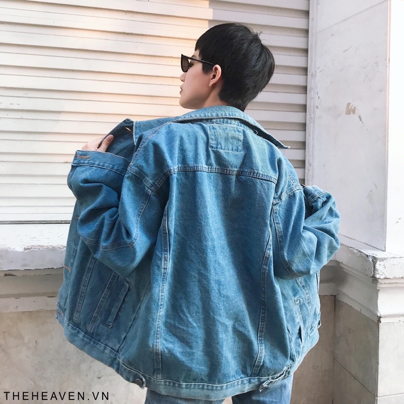 Áo khoác jean form rộng Xanh Vintage ánh Rêu 6 túi cá tính phong cách Ulzzang