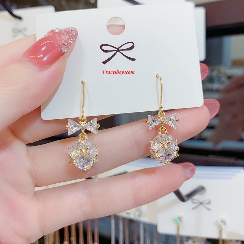 Bông tai cầu đá, móc nơ, đơn giản và tinh tế, kim bạc, mạ vàng 14k