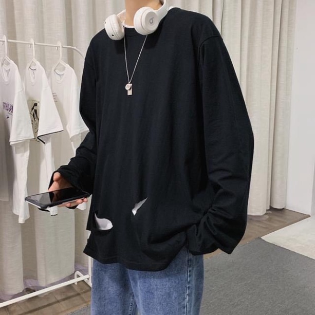Áo thun dài tay rách Hàn Quốc, áo phông trơn phom rộng mùa thu đông 2022 - kèm ảnh thật | BigBuy360 - bigbuy360.vn