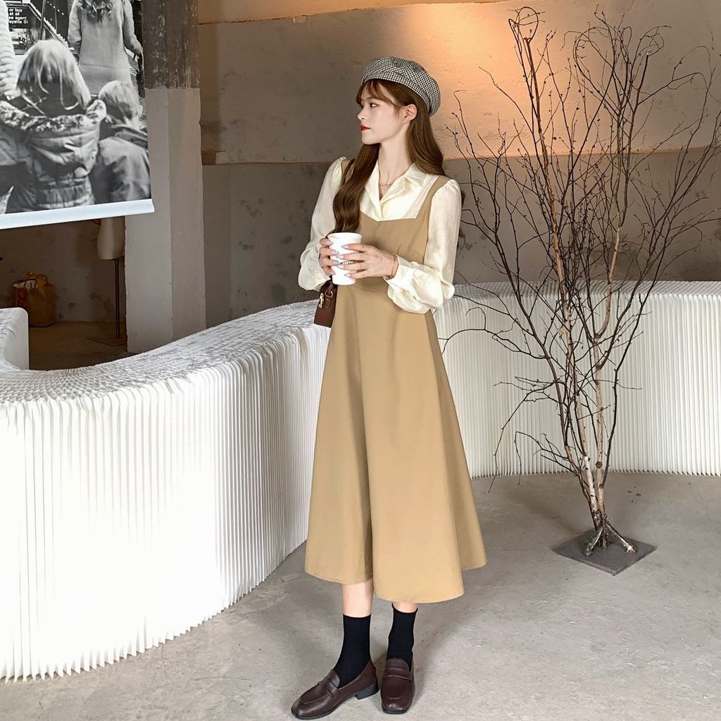 Mới Đầm Nữ Dài Tay Cổ Tròn Eo Thắt Dây Thời Trang Hàn