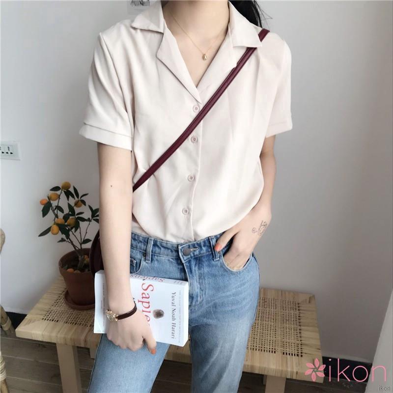 Áo sơ mi nữ cổ V tay ngắn
