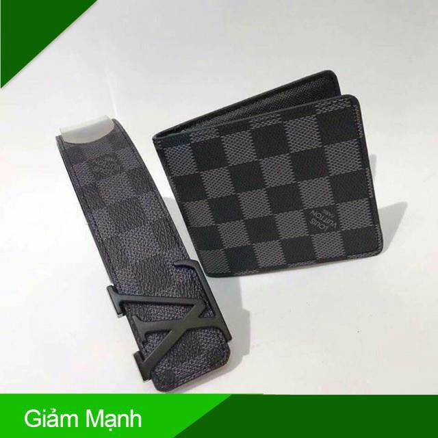 COMBO Bộ Hàng Hiệu Cao Cấp Kẻ vl Caro đen khóa đen ( Dây lưng + Ví da ) Phong Cách Doanh Nhân