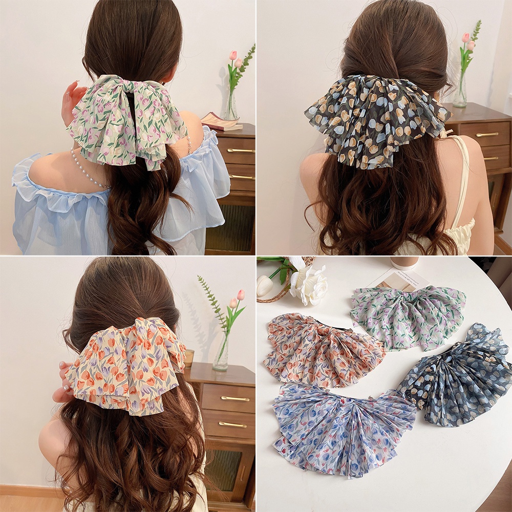 Kẹp Tóc Đuôi Ngựa Ruy Băng Cỡ Lớn In Họa Tiết Hoa / Bướm Thời Trang Hàn Quốc Cho Nữ