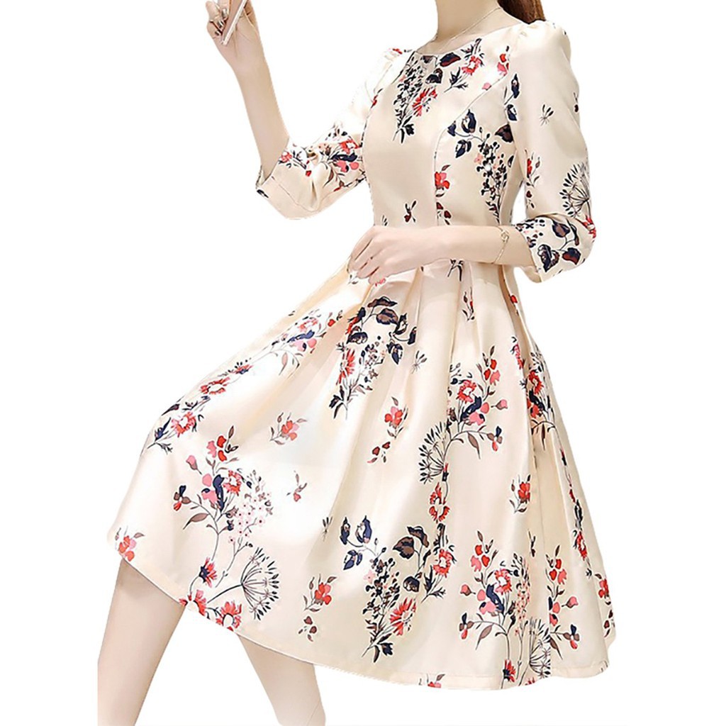 Đầm xòe ôm eo tay lỡ in hoa thanh lịch | BigBuy360 - bigbuy360.vn