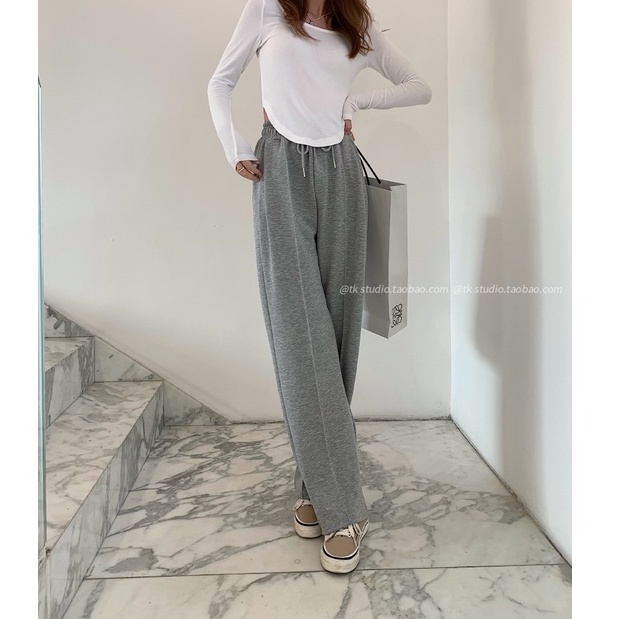 Quần Thể Thao Nữ Lưng Cao Ống Rộng Phong Cách Hàn Quốc