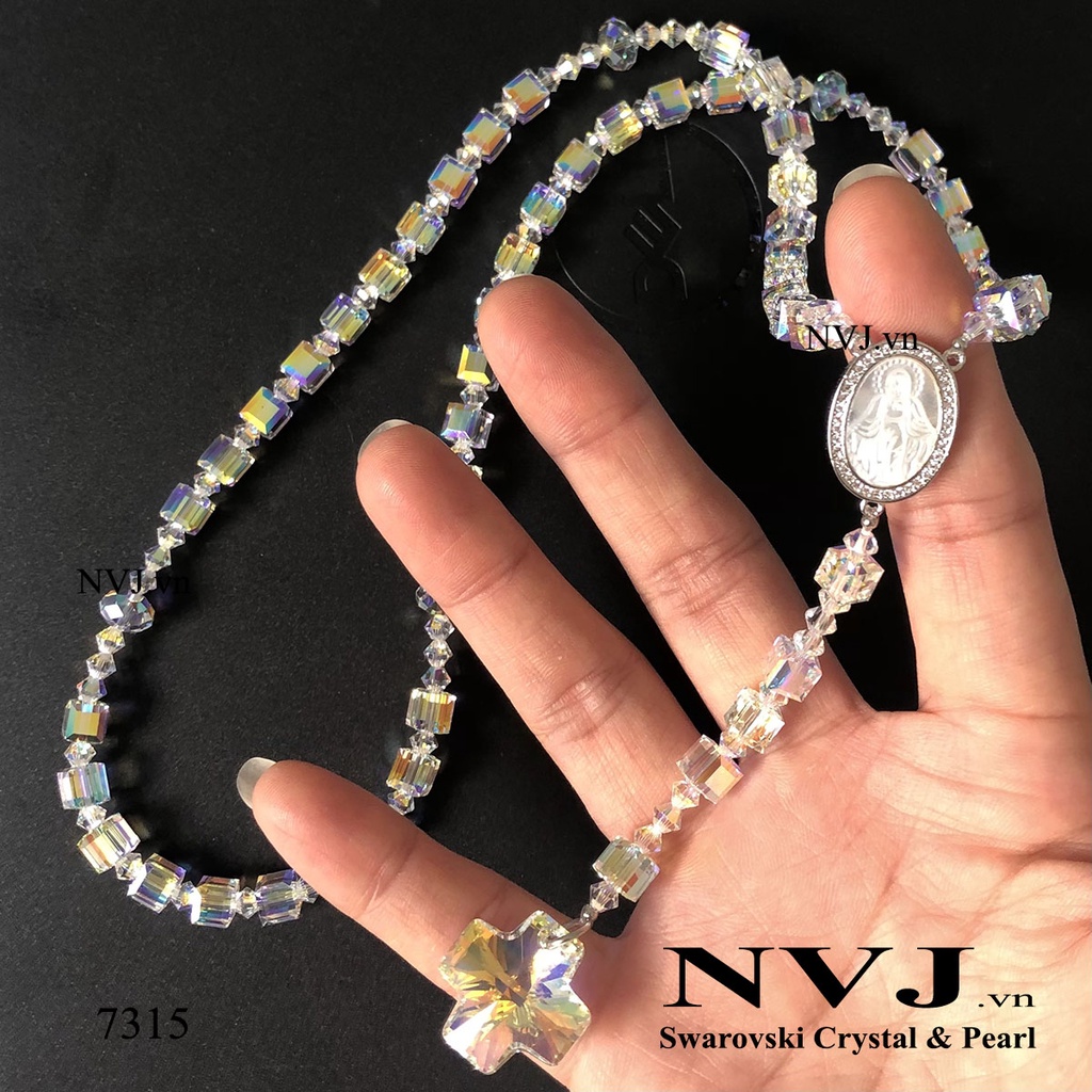 Chuỗi mân côi hạt vuông 6li pha lê Swarovski cao cấp lấp lánh sang trọng, trang sức công giáo