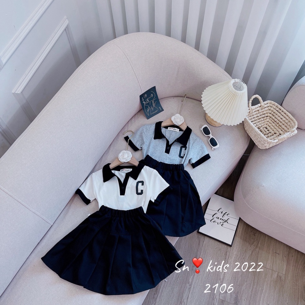 Sét áo thun kèm chân váy cho bé gái kiểu dáng thể thao, Set váy chữ C cho bé size 15-38kg