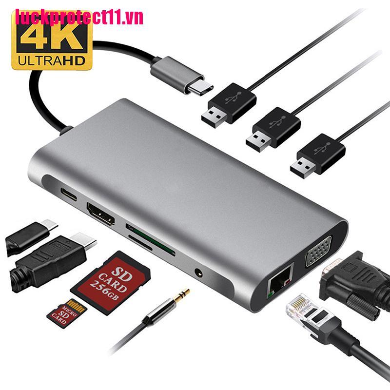 Đầu Sạc Tiếp Hợp 10 Trong 1 Usb C Hub Type-c Sang Usb 3.0x3 + Hdmi + Tf + Rj45 + Pd + 3.5mm + Vga