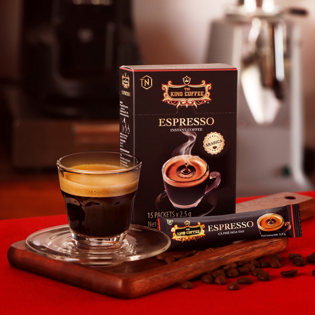 Cà Phê Đen Hòa Tan Espresso KING COFFEE - Hộp 15 gói x 2.5g - Arabica café hòa tan đậm hương vị cà phê Ý