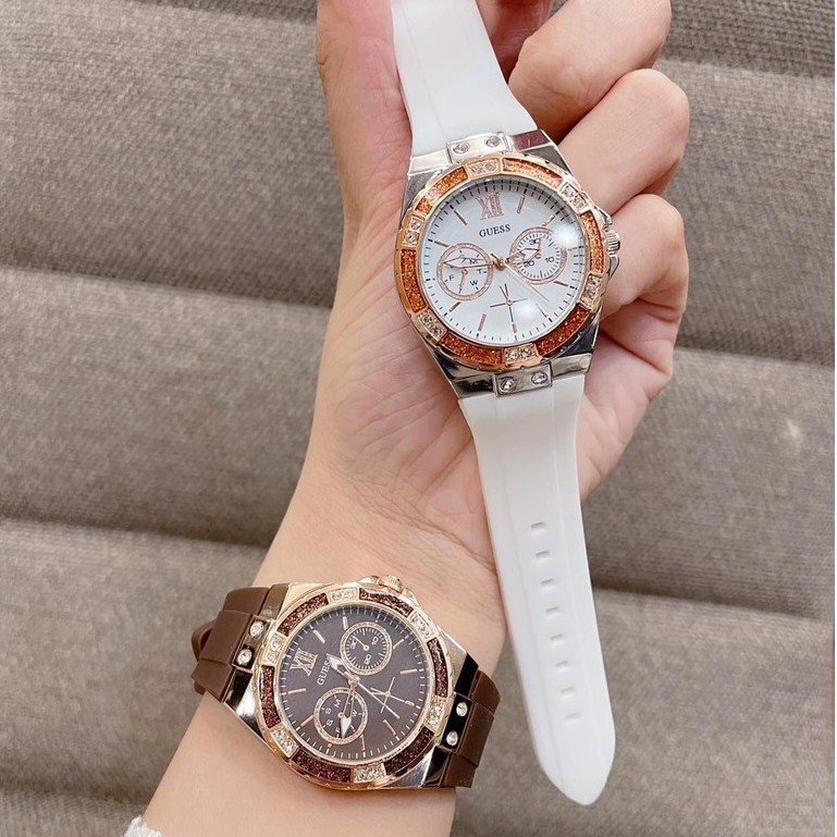 Đồng hồ nữ Guess dấy silicon, viền đính kim cương, hàng full box, thẻ bảo hành 12 tháng - Dongho.guess