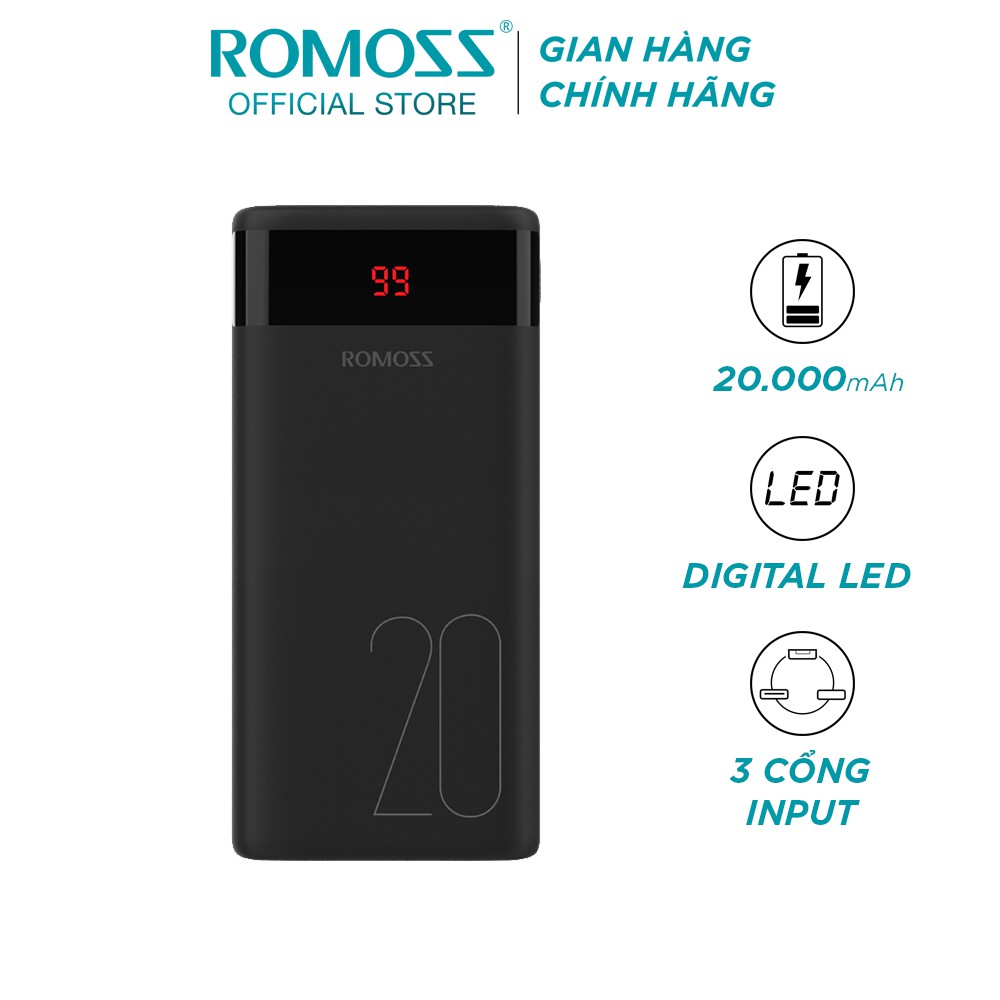 Pin sạc dự phòng Romoss Ares 20 20.000mAh LED 3 cổng input Micro - Lightning - Type C - Hãng phân phối chính thức