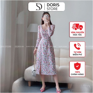 Váy hoa cổ vuông 2 lớp doris v1692