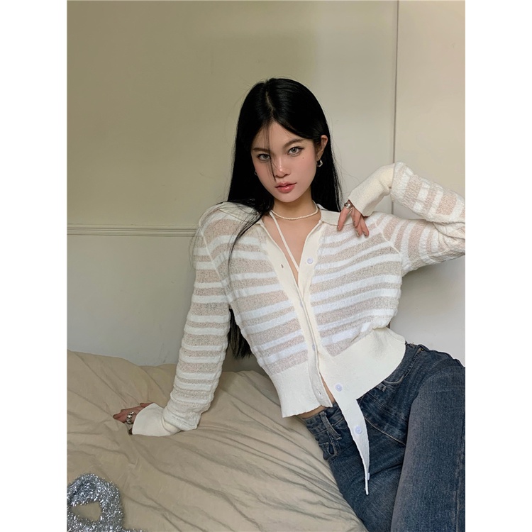 Áo cardigan ZHELIHANGFEI dệt kim cổ bẻ dài tay lưng cao gợi cảm cho nữ