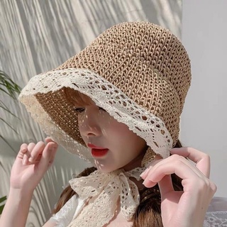 Nón cói rộng vành phối ren thời trang đi biển cho nữ