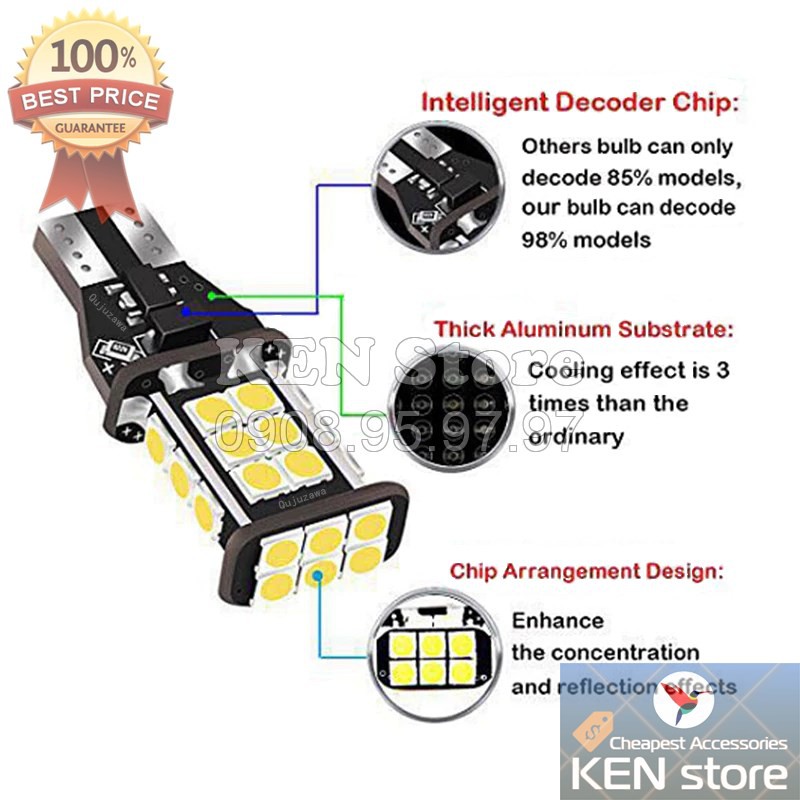 Bóng LED T15 chân bóng T10 làm xi nhan, đèn lùi cho ô tô, xe máy 24 chip smd 3030