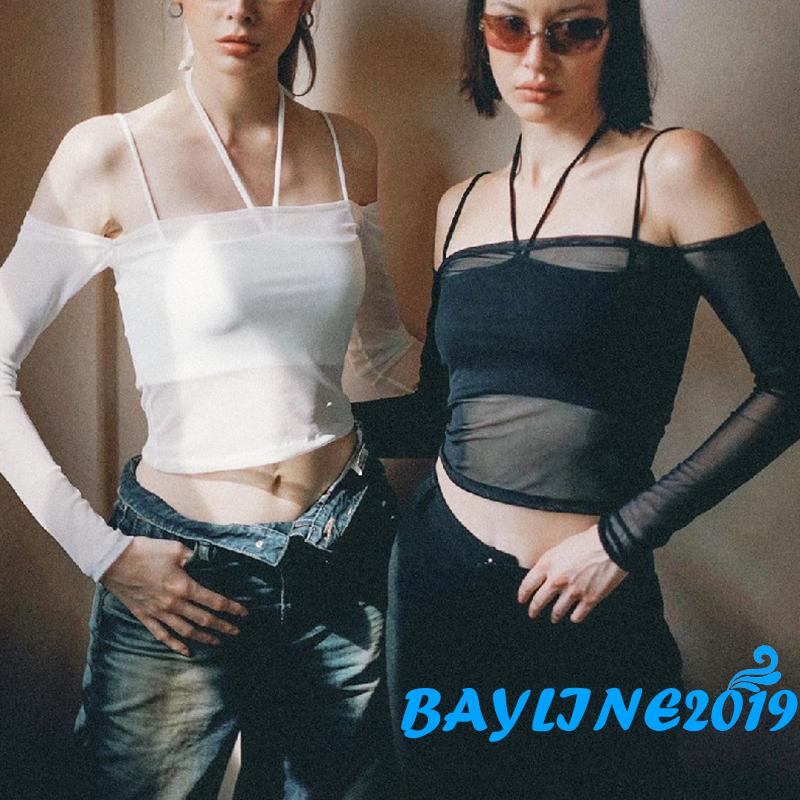 Bay- Áo Vest + Áo Crop Top Không Tay Cổ Treo + Áo Dài Tay Trễ Vai Màu Trơn Giản Dị Dành Cho Nữ