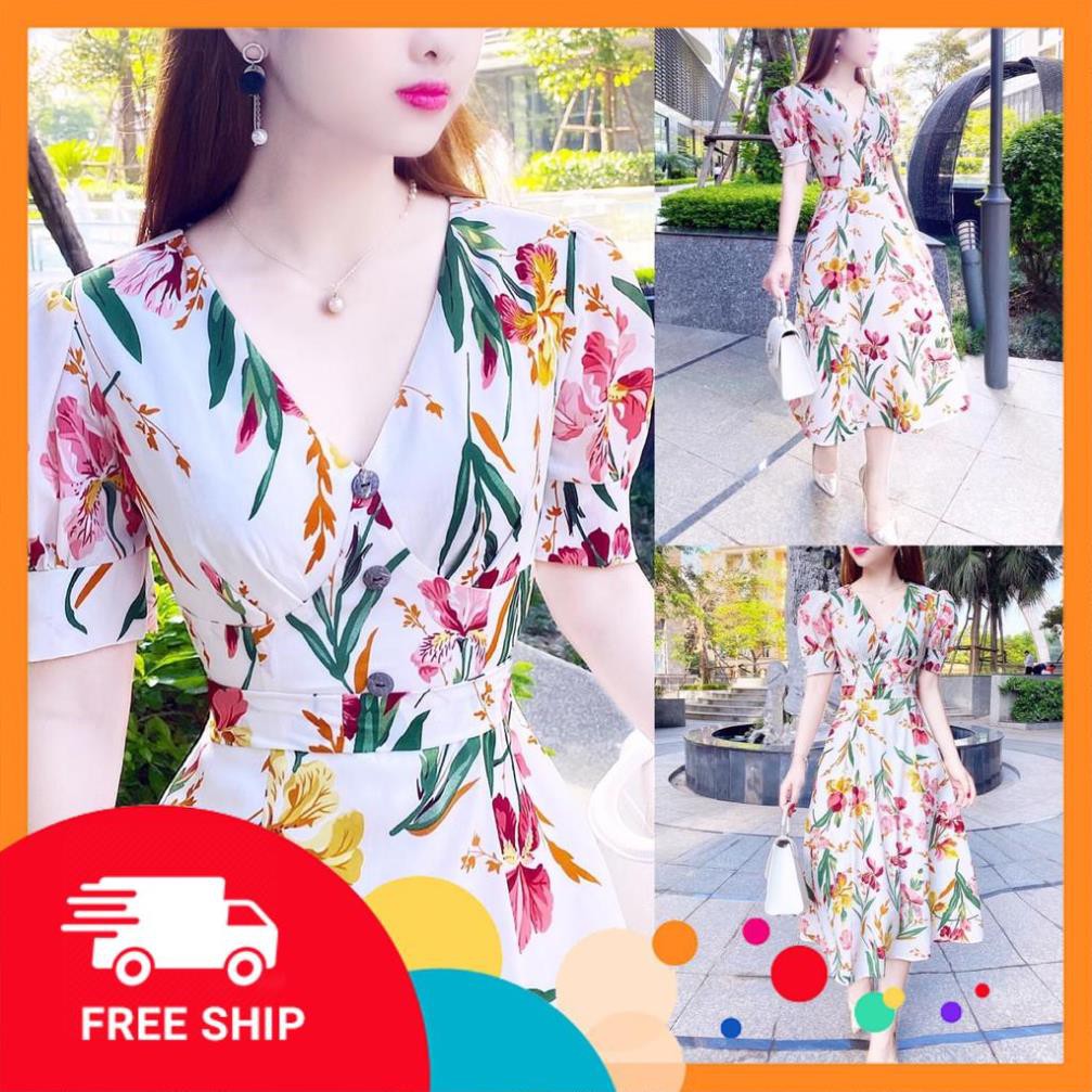 Đầm hoa lá cổ tim tay bồng dáng xòe chất voan cao cấp phù hợp đi chơi đi biển V1500
