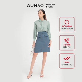Áo sơ mi nữ cổ phối nơ GUMAC thiết kế công sở, thanh lịch màu xanh AB454