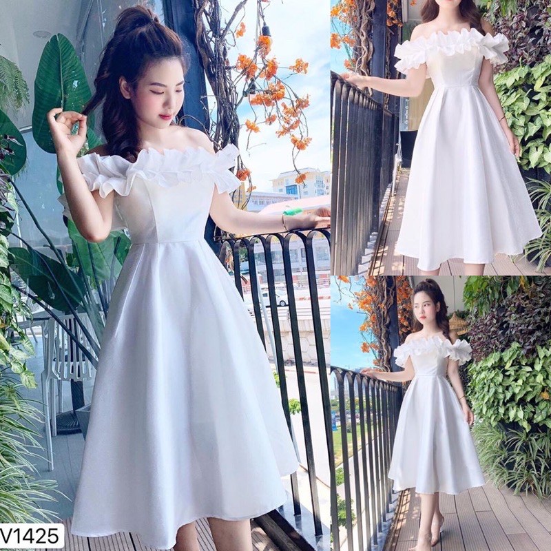 Váy trắng công chúa trễ vai bèo bồng bềnh Đầm dự tiệc thiết kế