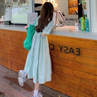 Đầm dài xanh mint dáng rộng phong cách hàn