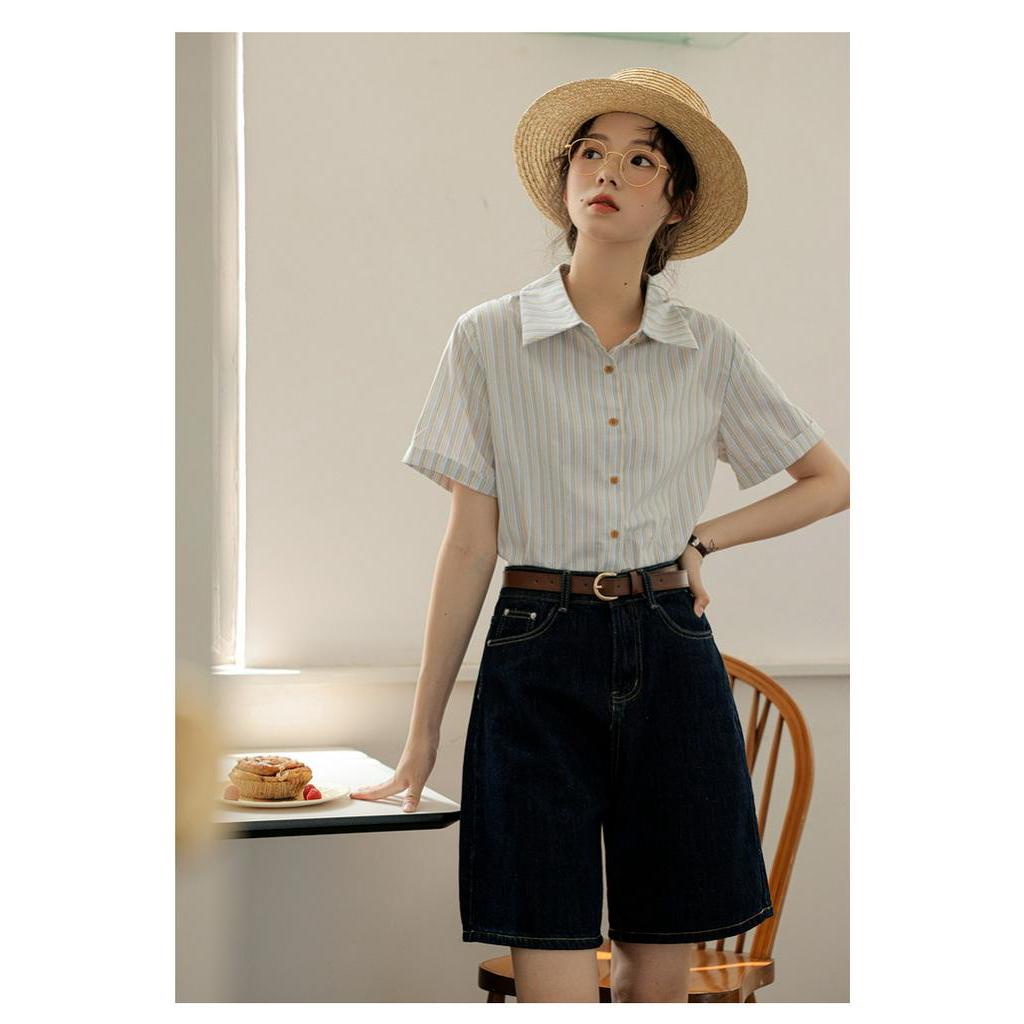Áo Sơ Mi Kẻ Sọc Dáng Rộng Ngắn Tay Thời Trang Sành Điệu 63205