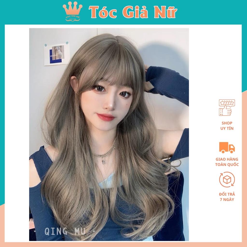 Tóc giả nữ nguyên đầu xoăn dợn dài kiểu hàn, tặng kèm lưới trùm tóc wig màu trà sữa, 2069