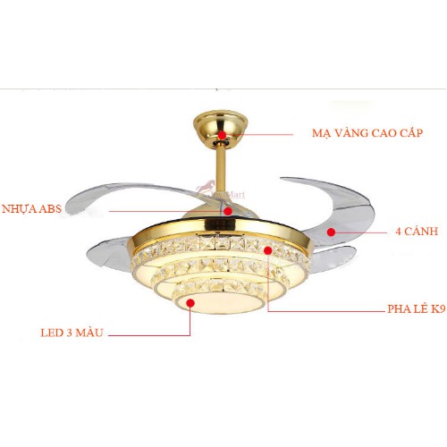 Quạt trần đèn dấu cánh, quạt đèn cánh xòe 3 chế độ sáng,có điều khiển từ xa