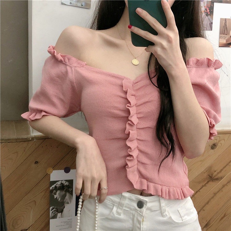 Áo Nữ Dệt Kim Mềm Mịn Mát Trễ Vai Tay Ngắn Quyến Rũ Cỗ Chữ V Viền Nhún Thời Trang - T21