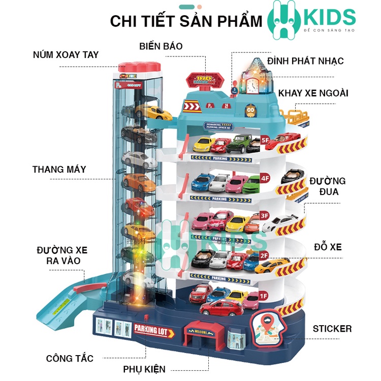 Bãi đỗ xe gara ô tô đồ chơi 5 tầng kích thước lớn, đồ chơi garage đường đua có nhạc kèm sẵn 8 ô tô nhiều màu sắc cho bé