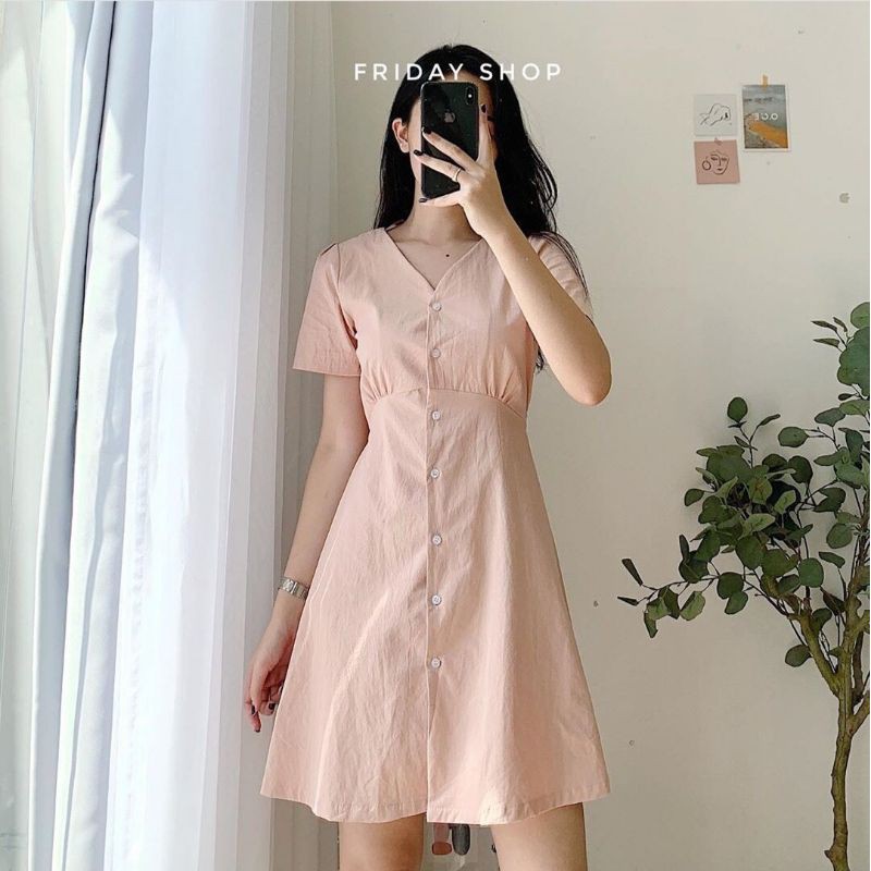 VÁY ĐŨI XÒE CỔ V BUỘC NƠ SAU VINTAGE SIÊU XINH