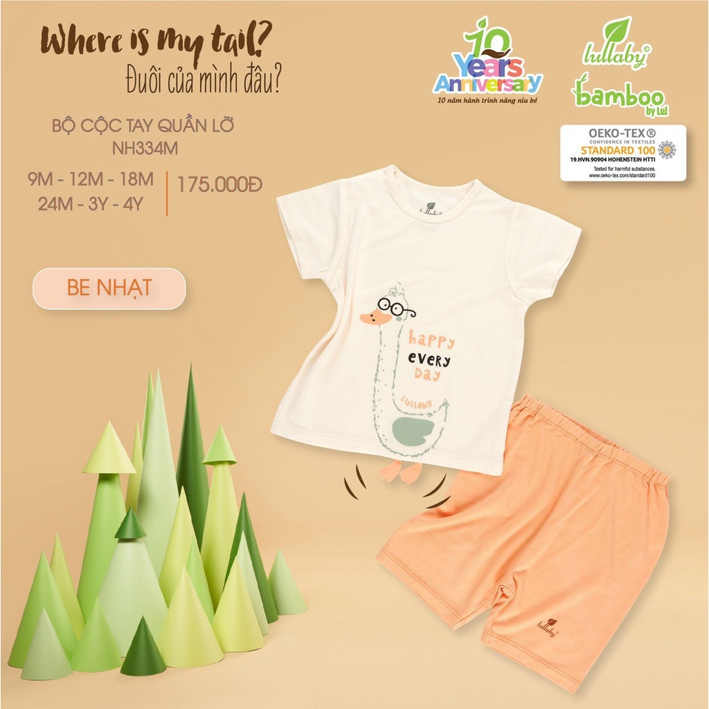Bộ Lullaby cộc tay bamboo cao cấp mềm mịn thoáng mát thấm hút tốt in hình con vật quần lỡ cho bé trai bé gái NH334M