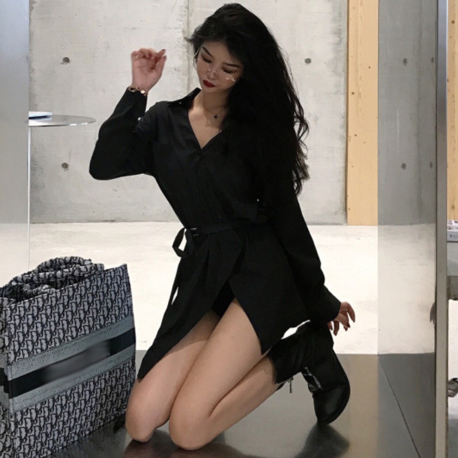 Áo sơ mi kiểu tay dài màu trắng &amp; đen HAF48 Hỉn Hỉn Store