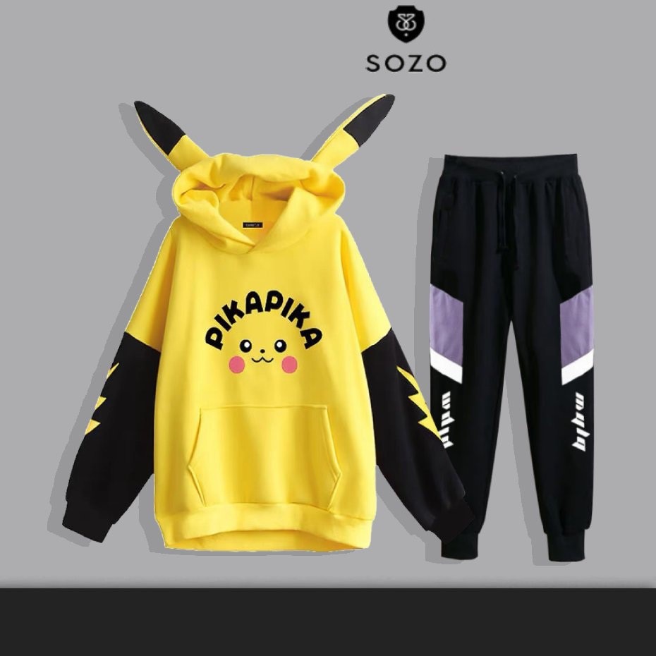 Set Bộ 2 Món Quần Dài + Áo Hoodie Nón Nam Nữ Unisex Chất Vải Nỉ CB2_MQU076THDEF6_WAH005NO (Dọc Tím Mula + Pikapika)