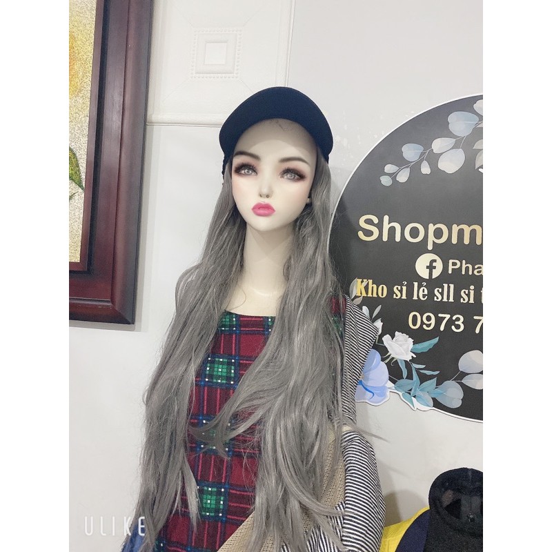 tóc giả gắn mũ kết đen xoăn dài