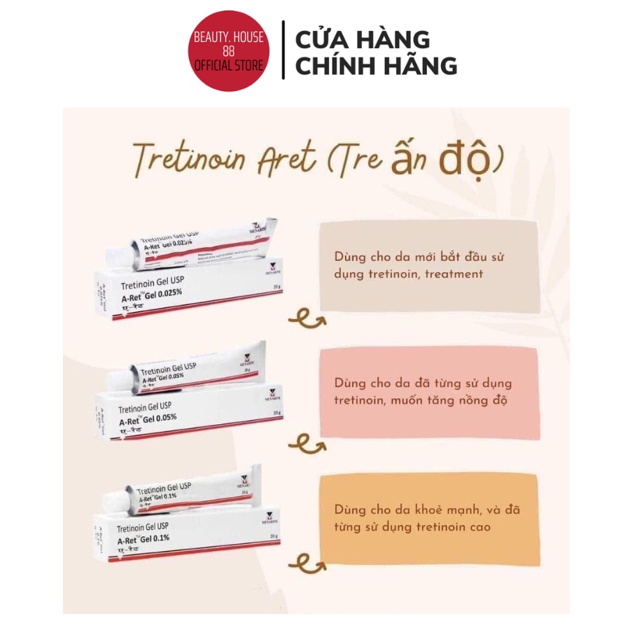Tretinoin Aret Gel 0.1 / 0.05 / 0.025 Ngăn Ngừa Lão Hóa, Giảm Mụn 20g - Tre Aret Ấn Độ
