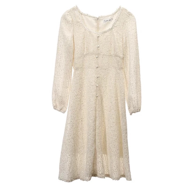 [Mã WASTMAY giảm 15% tối đa 30K đơn 150K] (Có sẵn) Váy cổ vuông tay dài Quảng Châu / Đầm trắng đính hạt ( có ảnh thật) | BigBuy360 - bigbuy360.vn