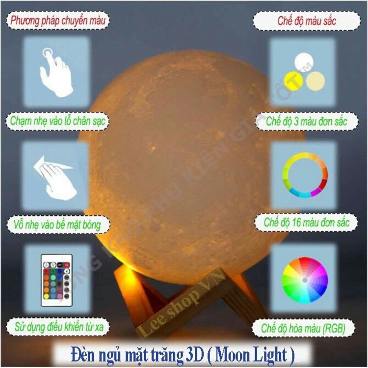 Đèn ngủ mặt trăng Moonlight 3D; đủ màu size 10cm, 12cm, 15cm, 18cm, 20cm có điều khiển, tặng đế gỗ, dây sạc