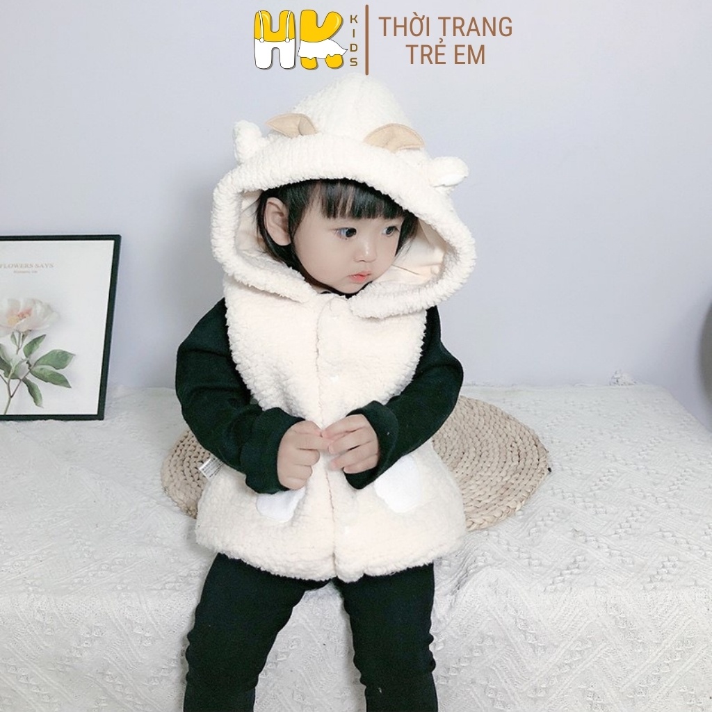 Áo Gile lót lông kèm mũ cho bé HK KIDS, áo lớp lót nhung và lông cừu mềm mại giữ ấm giữ nhiệt tốt cho bé từ 1 đến 5 tuổ