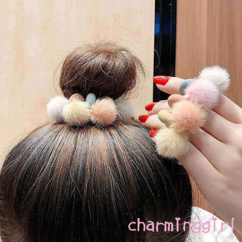 Dây cột tóc đính bóng lông co giãn cao chống trượt dành cho nữ