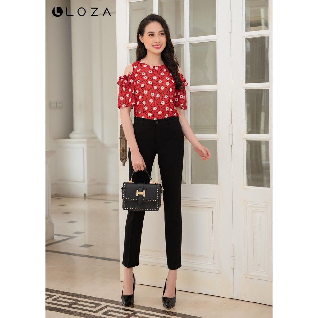 [Mã FASHIONMALLT4 giảm 15% đơn 150k] Áo sơ mi nữ LOZA hở vai hoa trắng nền đỏ - LS1332DO