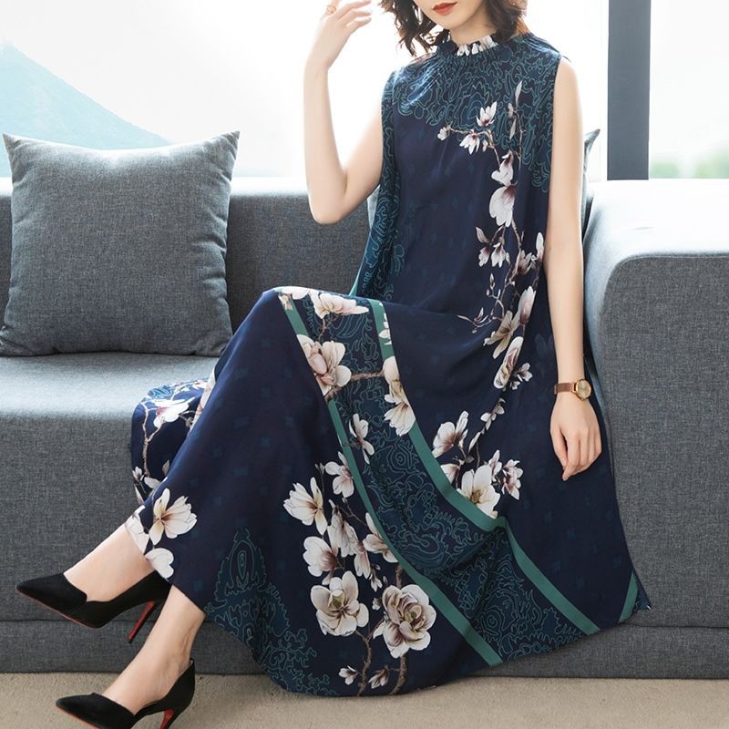 Middle aged fashionVáy lụa cho các bà mẹ in hoa thời trang mẫu mới mùa hè 2020 Size Lớn dáng rộng không tay [kết
